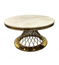 Coffee Table Round Shape White Faux Marble Top Spiral Base Stainless Electroplating Titanium Gold Diana